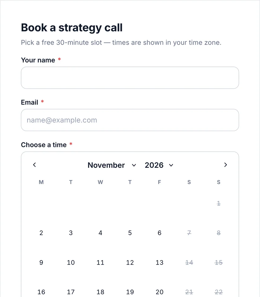 Strategy call booking form with a calendar of free days