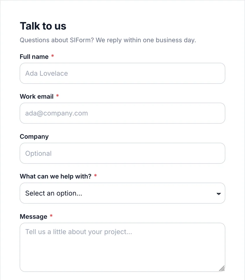 Contact form with name, work email, topic and message