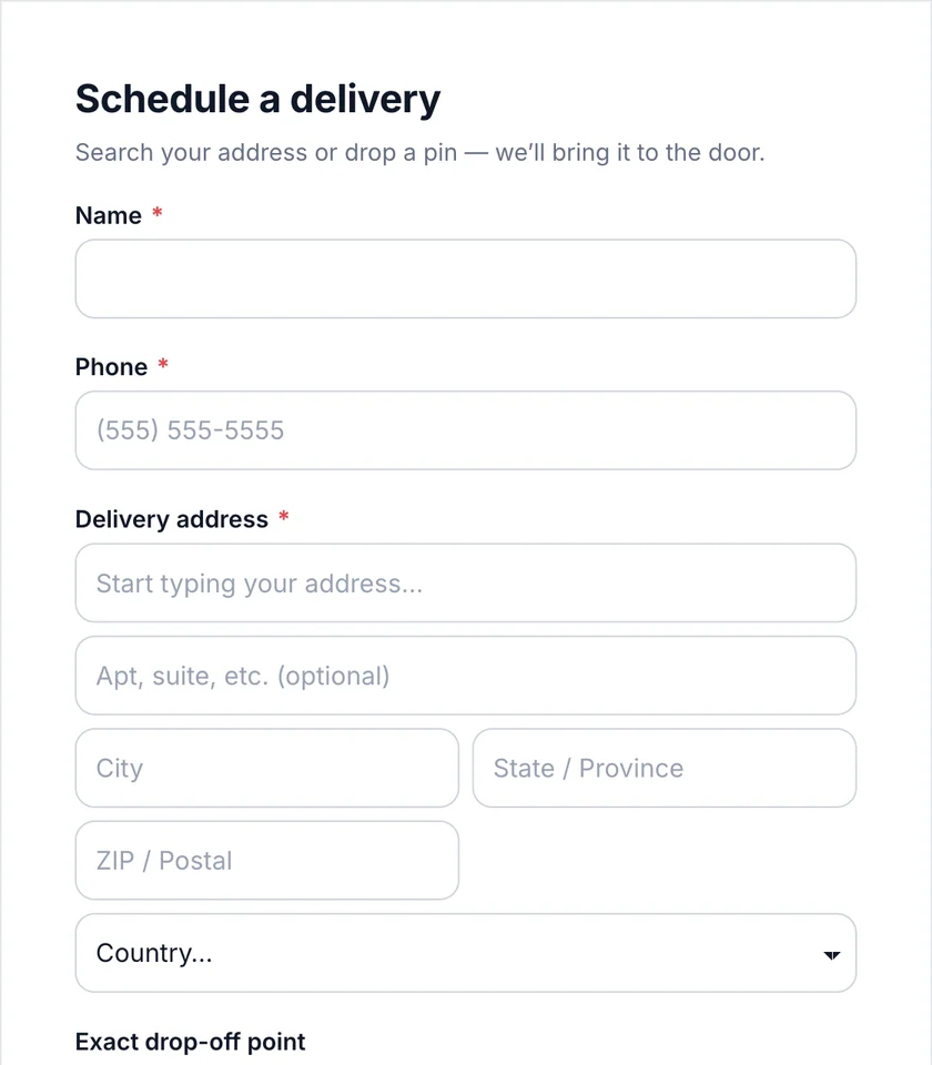 Delivery scheduling form with address search