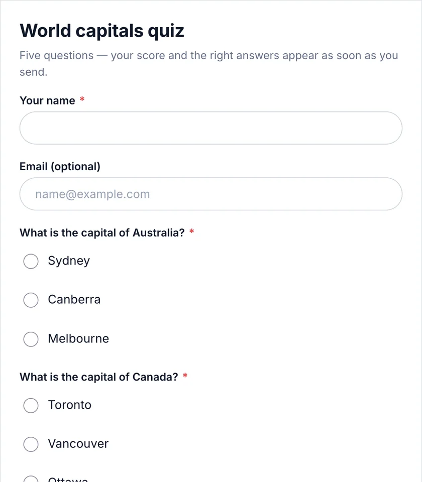 World capitals quiz form