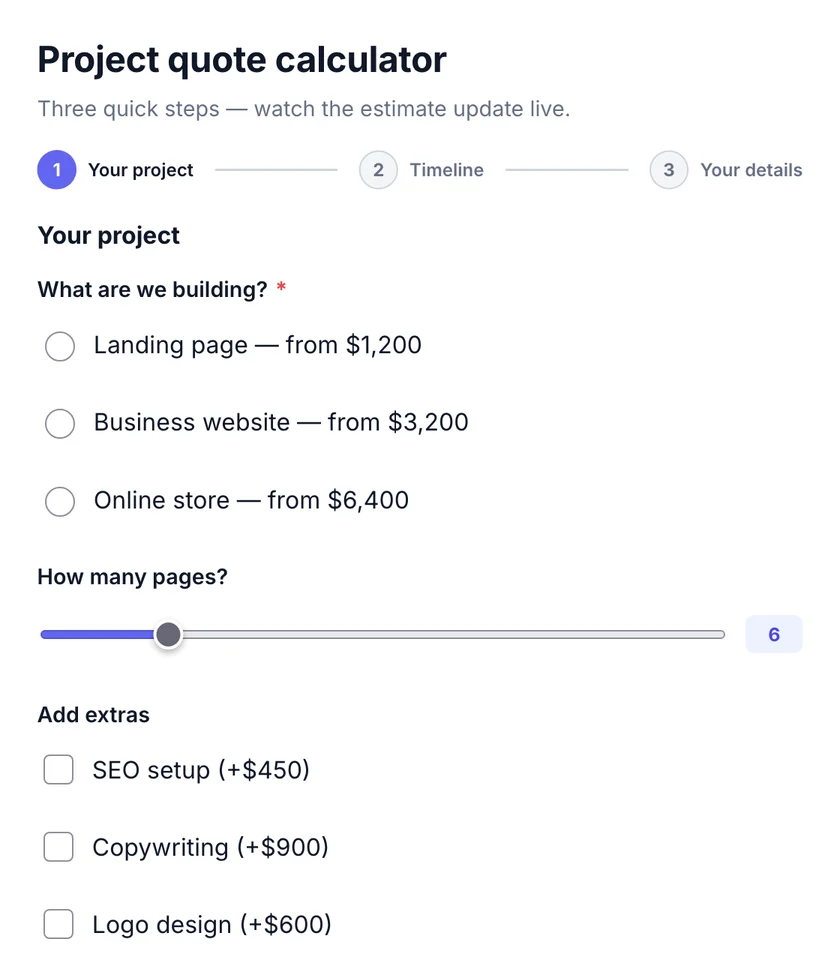 Project quote calculator form with services, a page slider and extras