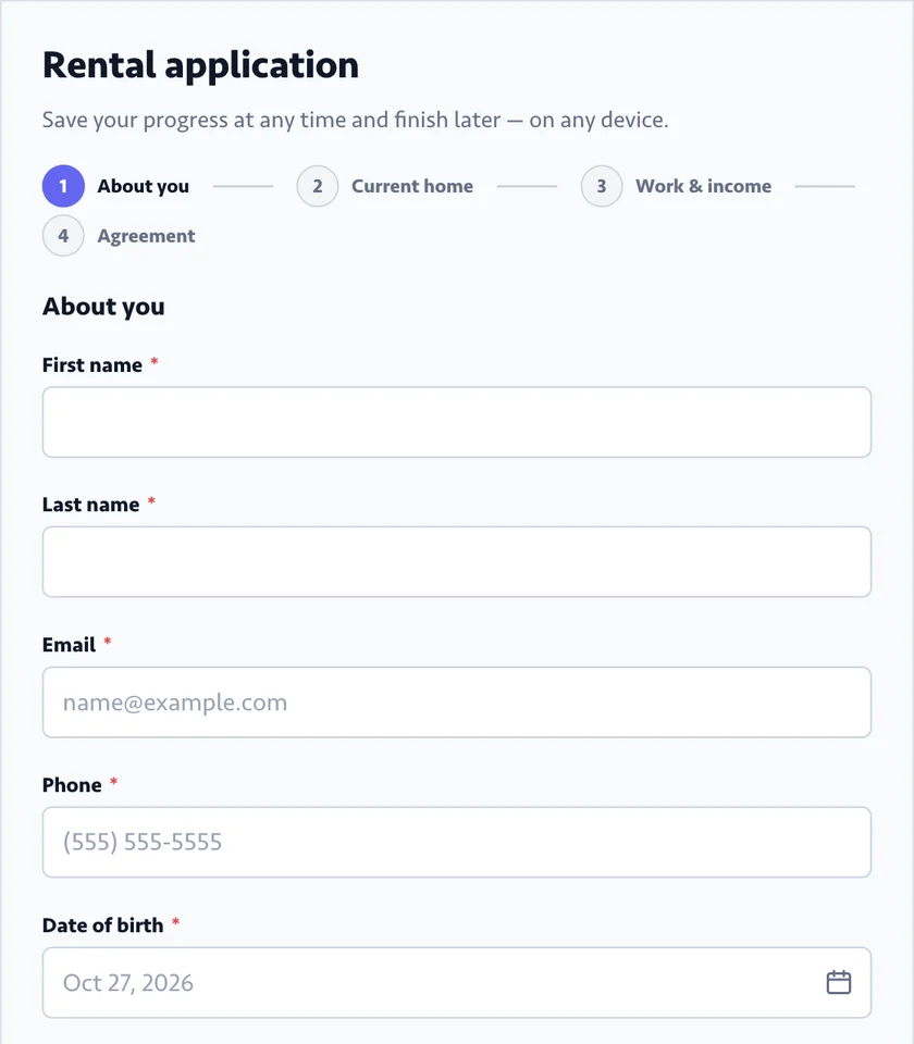Four-step rental application form