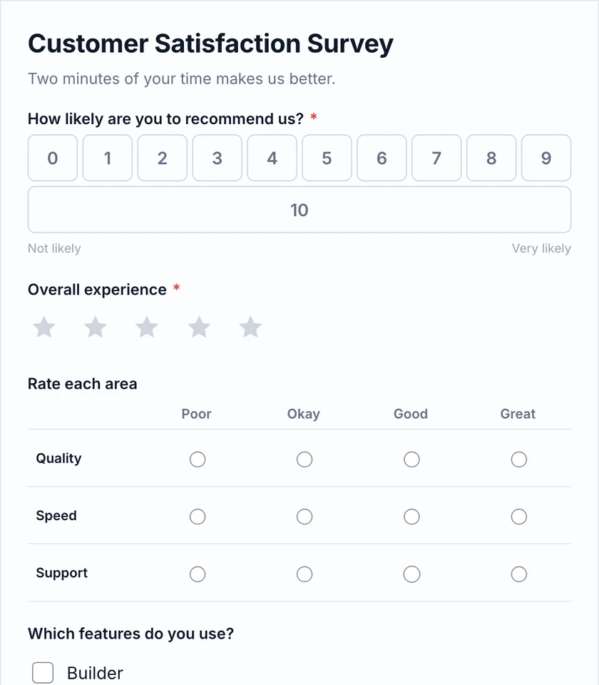 Customer satisfaction survey with NPS, stars and a rating matrix
