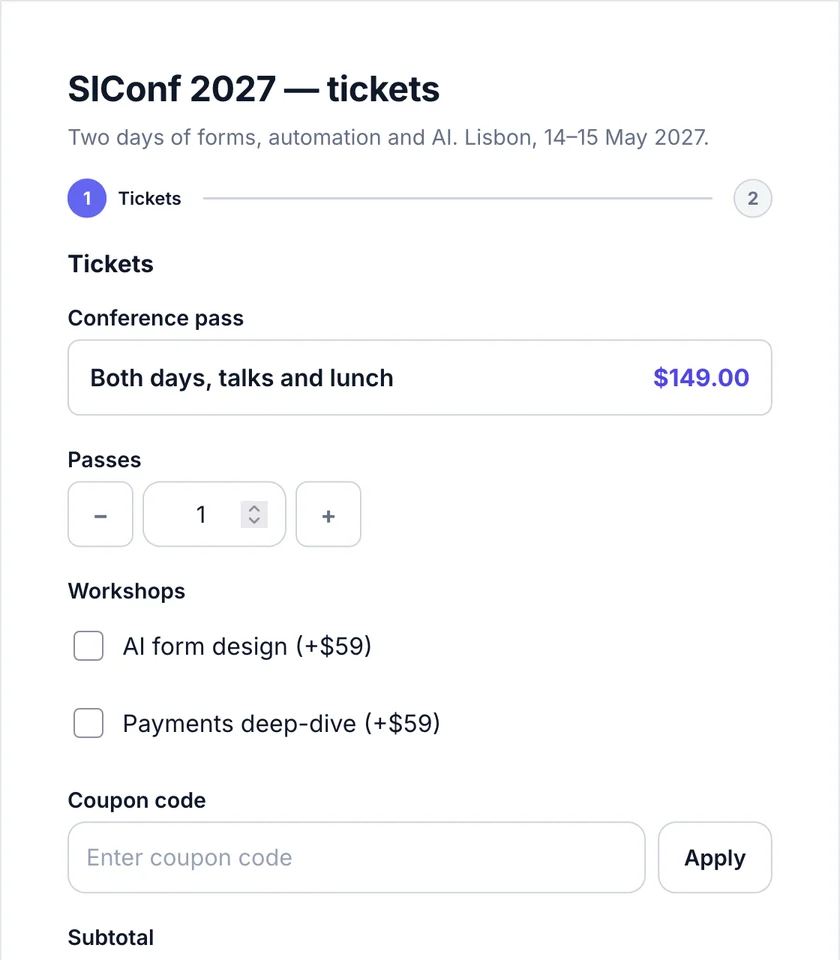 Event ticket form with passes, workshops and a coupon code