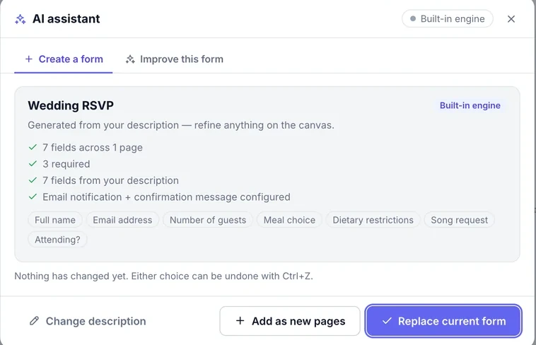 SIForm AI assistant showing a generated wedding RSVP form